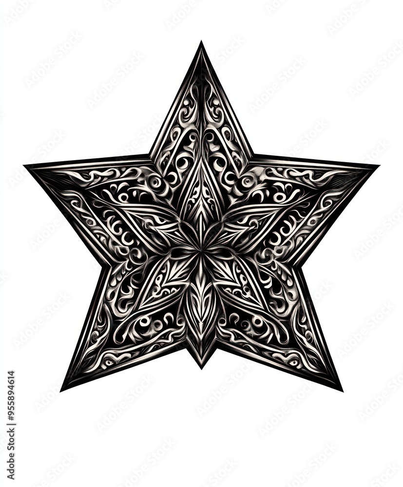 Poster A decorative star design featuring intricate black and white patterns.