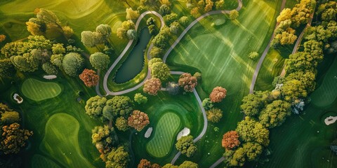 Naklejka premium Aerial view of vibrant golf course with winding roads small pond and meticulously manicured trees