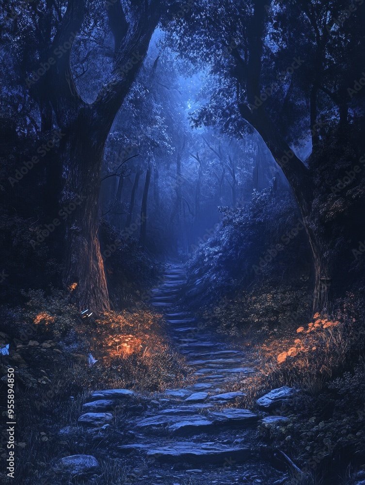 Poster a stone path winds through a dark, enchanted forest bathed in moonlight. the path is illuminated by 