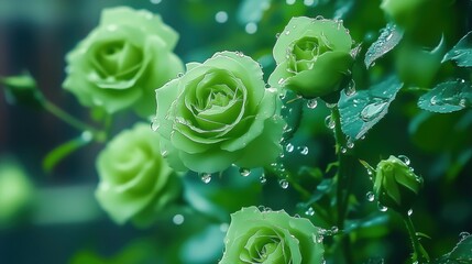 Close up view of green rose flowers covered with tiny water droplets in a garden