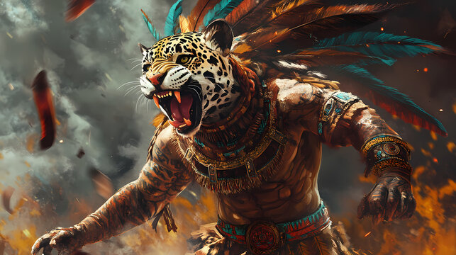 With a fierce snarl an aztec jaguar warrior charges into battle his body adorned with elaborate body paint and feathers. Warrior. Illustration