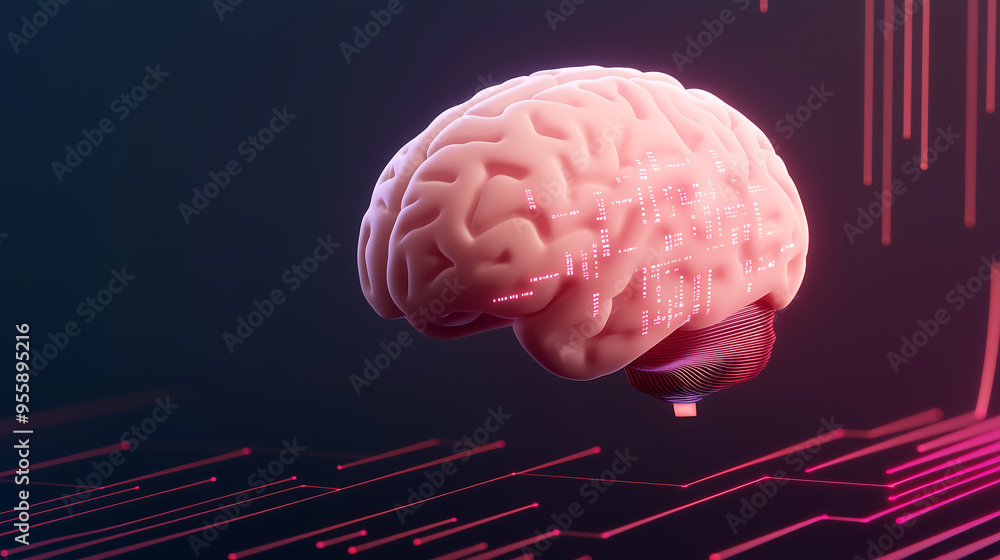 Poster digital brain biotechnology visualization with glowing circuits on a dark futuristic background