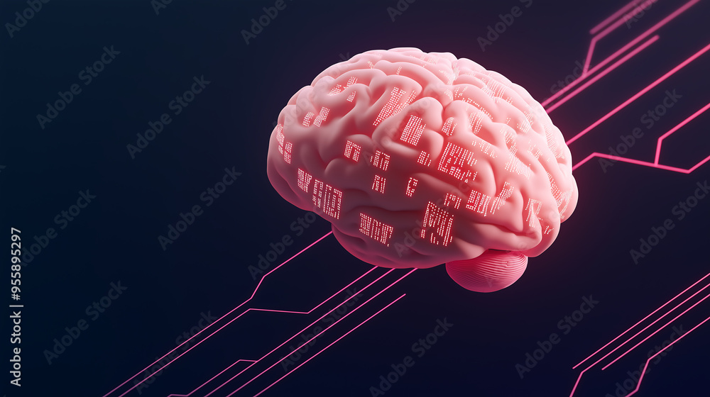 Poster futuristic biotechnology brain with digital circuits in a dark abstract environment