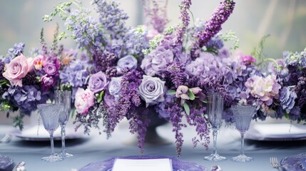 A stunning floral arrangement featuring lavender, hydrangeas, and other purple blooms, perfect for a wedding or special event. This centerpiece creates a romantic and elegant atmosphere, symbolizing l