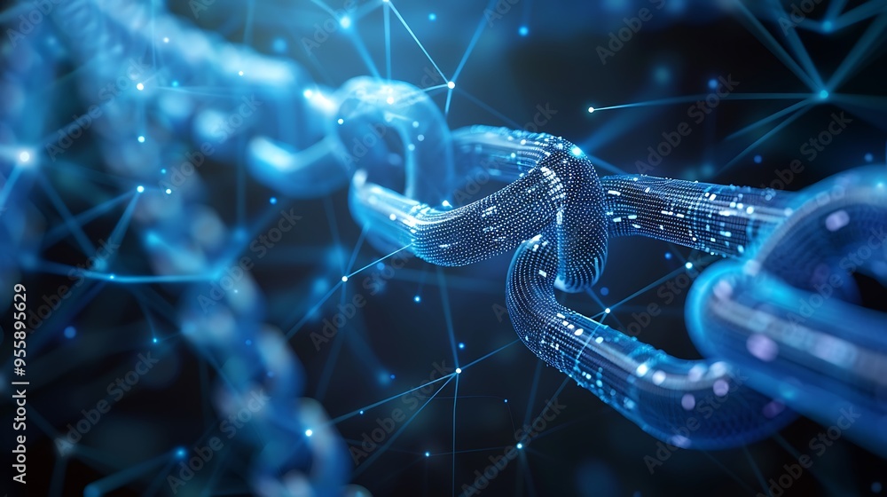 Poster futuristic digital chain network link illustration with glowing blue color for blockchain technology