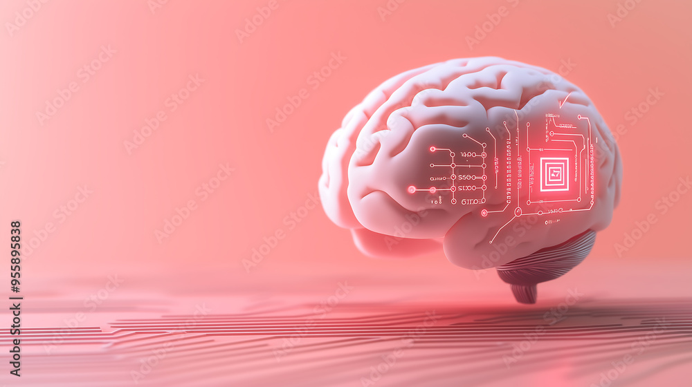 Poster abstract brain biotechnology with digital circuits in a futuristic soft pink setting