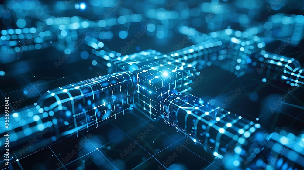 Poster abstract representation of digital network with blue glowing cube lines for futuristic modern world 
