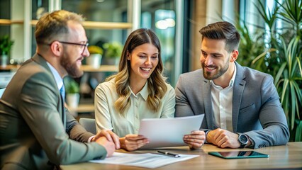 Happy couple reading terms of agreement during meeting with bank manager in office