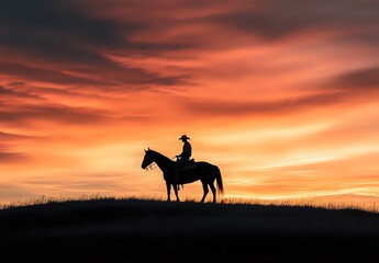 Silhouette of Cowboy Riding Horse Against a Dramatic Sunset Sky