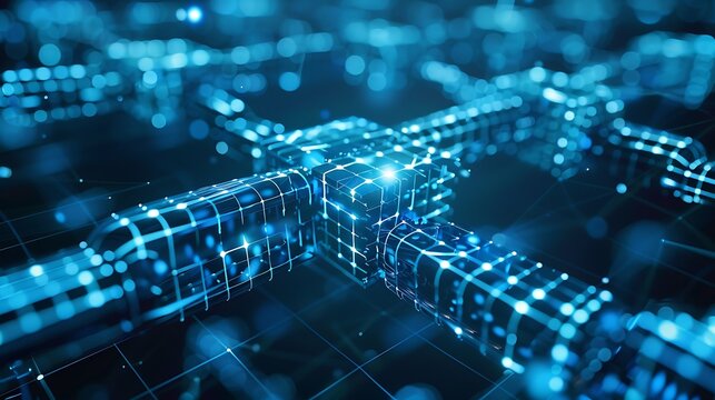 Abstract Representation of Digital Network with blue glowing cube lines for Futuristic Modern World Data Flow Connected Technology Concept.
