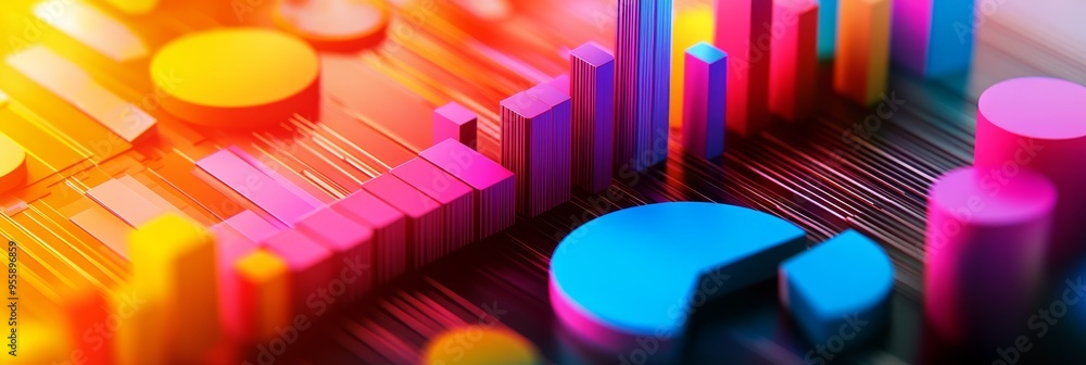 Poster a vibrant 3d abstract render of data visualizations, featuring colorful geometric shapes like bars a