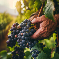 Obraz premium Person harvesting ripe grapes in vineyard under sunlight 