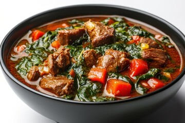 Beef and Spinach Stew with Red Peppers in a Black Bowl