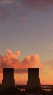 Aerial circular flight at sunset of a nuclear power plant in Doel. Belgium