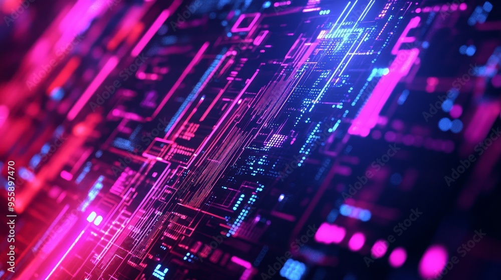 Poster a vibrant and dynamic abstract representation of digital data, showcasing a network of neon lines an