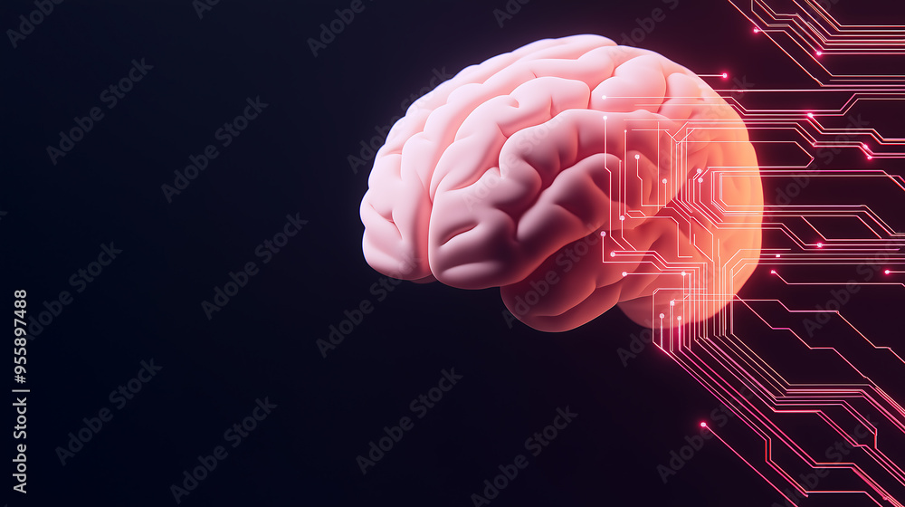 Poster digital brain biotechnology with circuit connections in a dark futuristic environment
