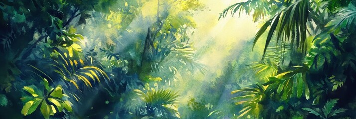 A vibrant and lush rainforest scene with sunlight streaming through the dense foliage, creating a dappled light effect. The image evokes feelings of tranquility, mystery, and the awe-inspiring power o