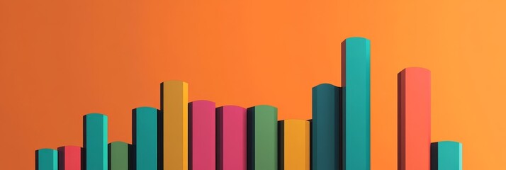 Obraz premium A vibrant bar chart with varying heights and colors, representing data and growth. The orange background provides a modern and minimalist aesthetic, ideal for presentations and reports. The chart symb
