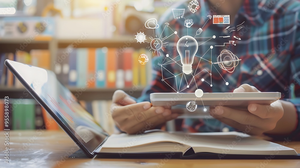 Poster man holding laptop tablet on table with light bulb network symbol interconnected for future digital 