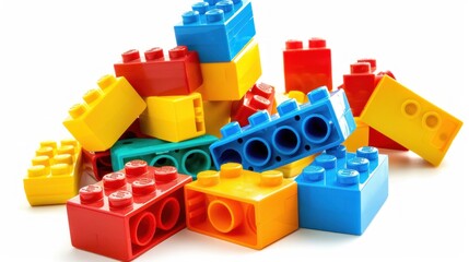 Naklejka premium Colorful plastic building blocks suitable for creative thinking for children on a white background.