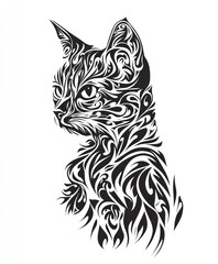 Obraz premium A stylized black and white illustration of a cat with intricate patterns.