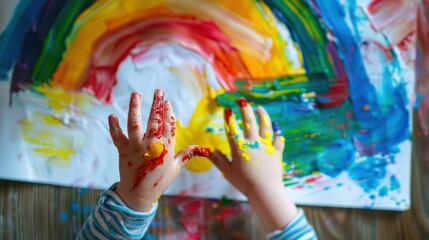 Arts and crafts for kids, boy draws a beautiful rainbow with his hands