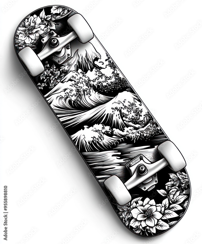 Poster A skateboard deck featuring intricate black and white wave and floral designs.