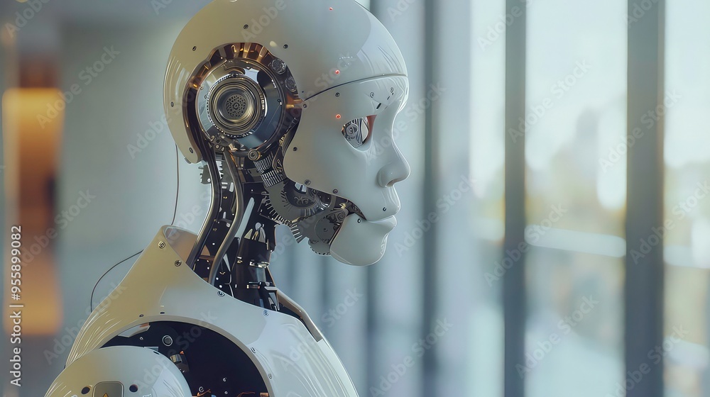 Poster a close-up shot of a white humanoid robot with its internal gears and machinery visible. the robot i