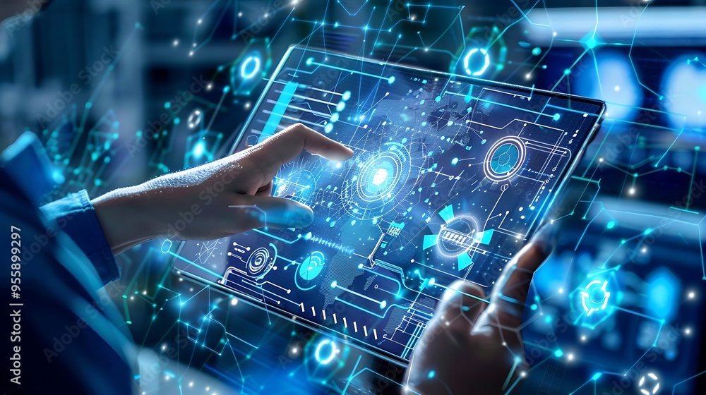 Poster person interacts with a digital interface, representing the concept of digital transformation and th