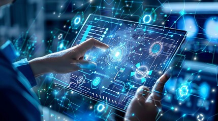 Person interacts with digital interface for representing digital transformation interconnectedness of technology and modern world innovation and connectivity concept.