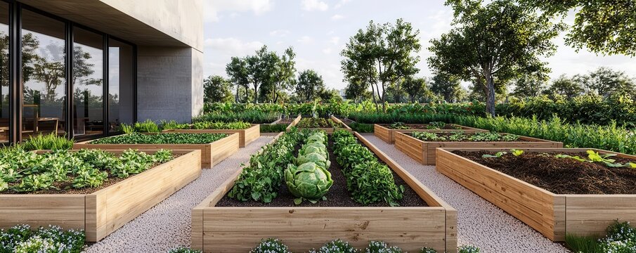 A community garden filled with organic raised beds
