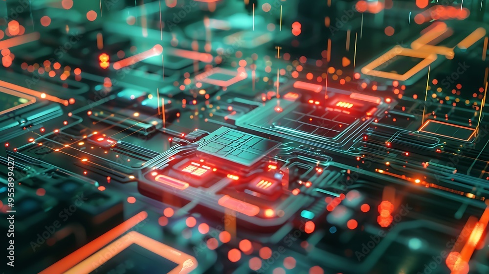 Poster close-up of a circuit board with glowing lights showcasing the complexity and beauty of technology.