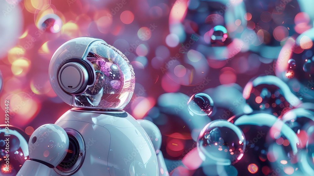 Poster futuristic robot with a shiny helmet stands in front of a blurry background of orbs.