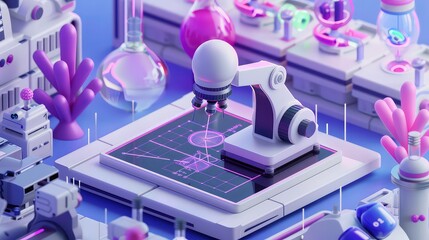 Robotic arm with glowing pink beam over a digital grid, surrounded by futuristic laboratory equipment.