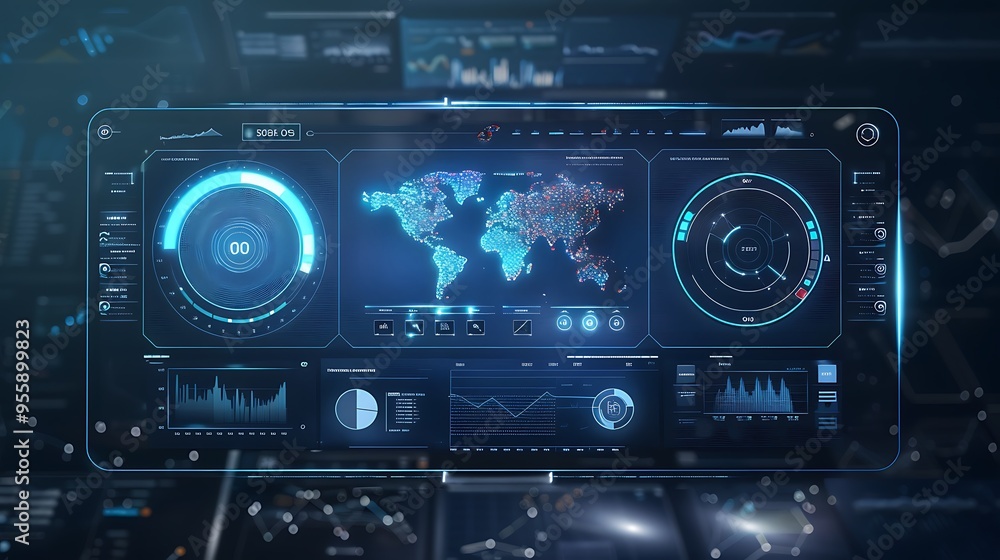 Poster futuristic digital interface with a world map displaying data and information, showcasing the interc