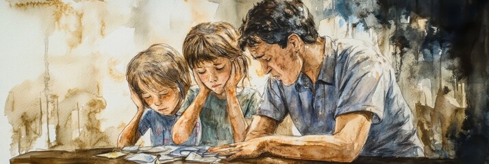 A watercolor illustration depicting a father and his two children, likely struggling with financial hardship. The father's worried expression, the children's somber faces, and the use of muted colors 