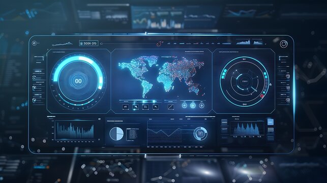 Futuristic digital interface with world map displaying data and information for global interconnectedness technology and real-time communication concept.