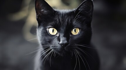 Black Cat with Sleek Fur and Mysterious Eyes. A Striking Illustration Highlighting the Elegance and Mystery of a Black Cat, Perfect for Themes of Night, Magic, and Halloween.