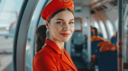 A flight attendant stands with her arms crossed at the entrance, smiling as she welcomes passengers on board. International travel