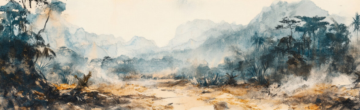A watercolor painting depicting a lush rainforest that has been ravaged by time and neglect, leaving behind a barren landscape. The image evokes a sense of loss, decay, and melancholic beauty. The onc