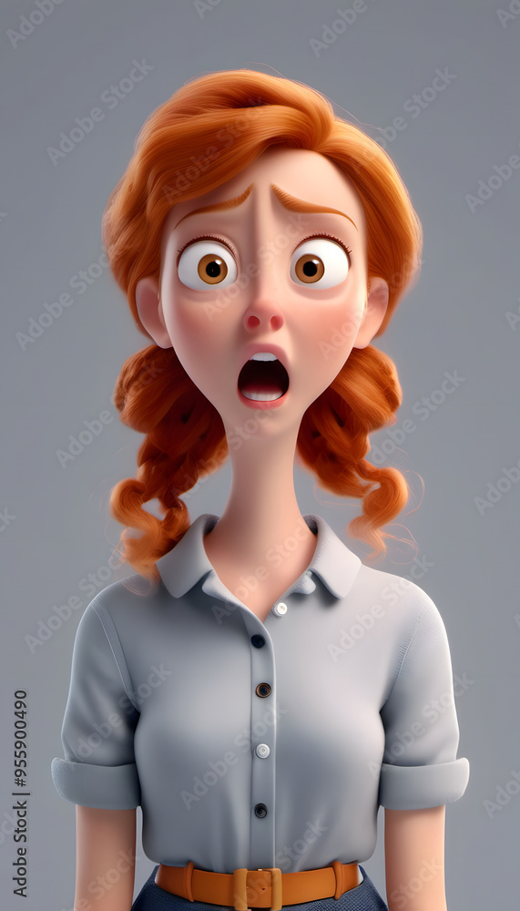 Poster A cartoon character with curly red hair, wide eyes, and an open mouth, expressing surprise, terrified, scared or shock. The character has a youthful appearance. 3d style design on light background.