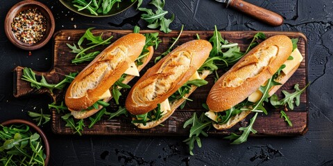 Top view of sandwich rolls with aged Gouda cheese and arugula salad