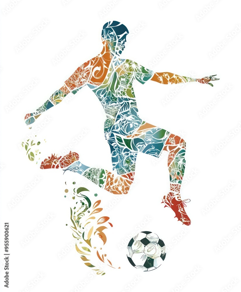 Sticker A colorful silhouette of a soccer player in motion, kicking a ball with artistic floral elements.