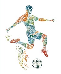 Obraz premium A colorful silhouette of a soccer player in motion, kicking a ball with artistic floral elements.
