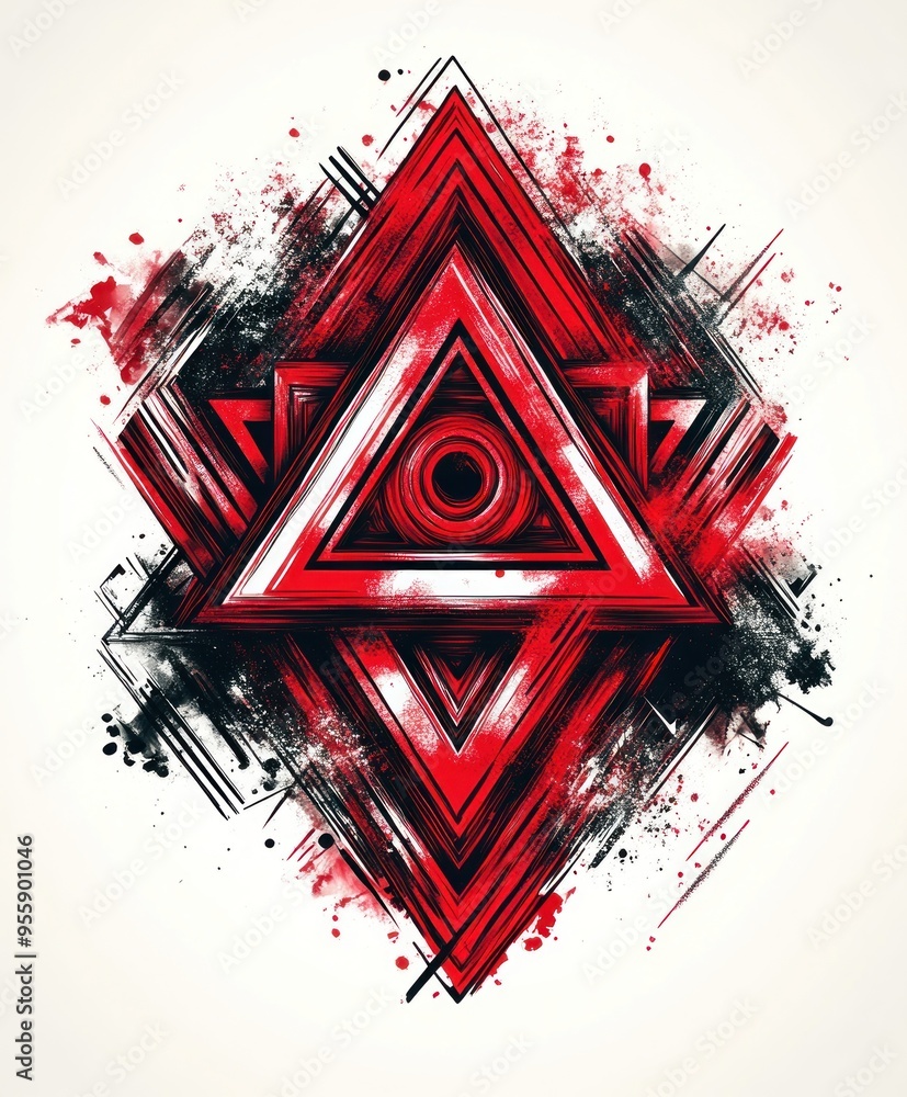 Wall mural A striking abstract design featuring geometric shapes and a central eye, using red and black colors.