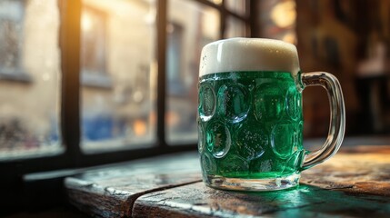 Beer mug with green beer in cozy rustic cafe. Green beer background