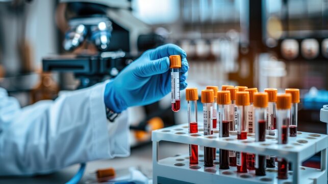 A scientist's hand is picking up a blood sample tube from a shelf against the background of a laboratory analysis kit.