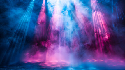 Vivid beams of light cutting through mist on a concert stage