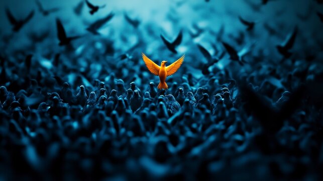 A striking orange bird stands out amidst a crowd of dark birds, symbolizing individuality and hope in a dark world.