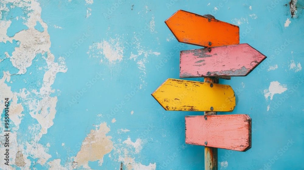 Poster a weathered wooden signpost with multiple arrows pointing in different directions, symbolizing choic